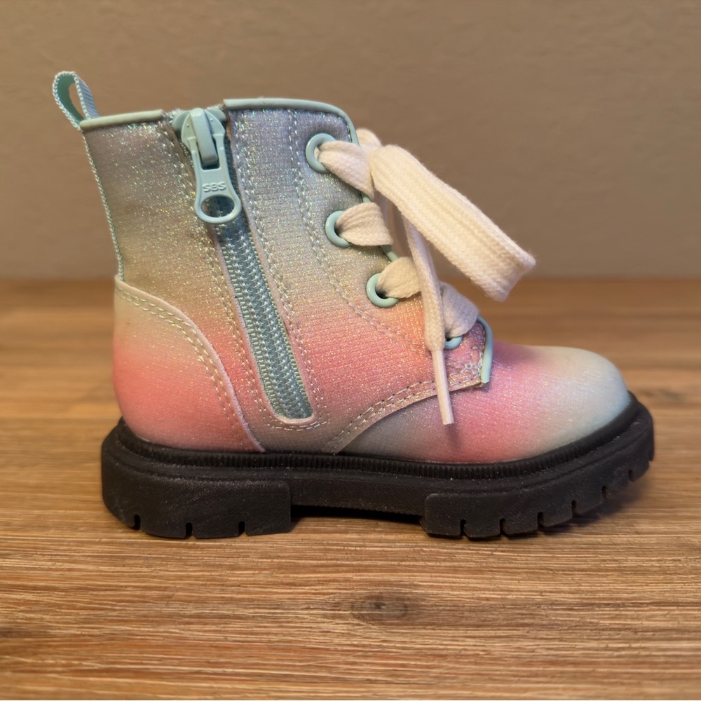 Cat & Jack Combat Boots Amaya Toddler Girls Sz 7 Rainbow Glitter Lace Up - Picture 3 of 12